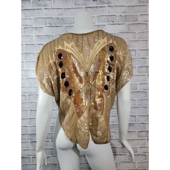 Vintage Gold Sequin Silk Butterfly Poncho Shirt V Neck Size Large Made In India - Picture 2 of 5
